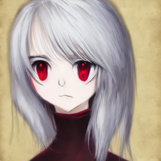 Image similar to white hair, red eyes, two small horn on the head, anime style, anime girl, sketch