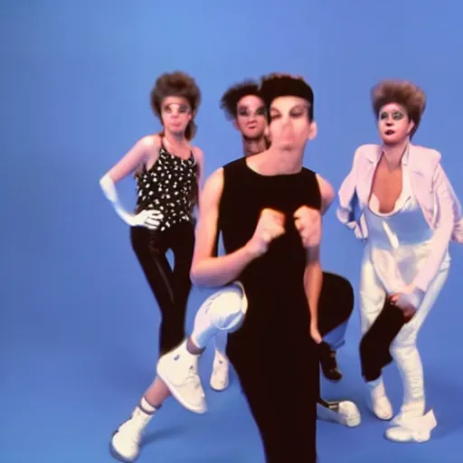 Image similar to 8 0 s music video, blue background with mannequins dancing, singer in the forefront with black pants and dirty white tank top,