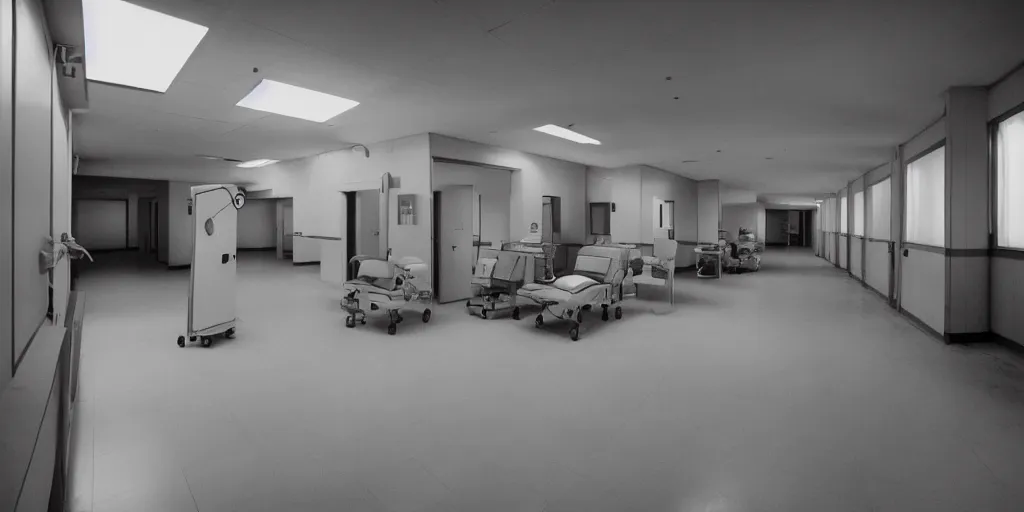 Prompt: hospital full of horrors, sinister look, old large format glass plate photo, hitchcock, peter stein, kaurismaki, cinematic lighting, 2 - point perspective, golden ratio composition