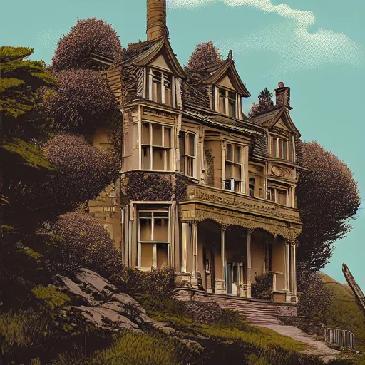 Image similar to illustration of an old victorian mansion, with beautiful mountain heather growing around it, large windows, greg rutkowski, mcbess