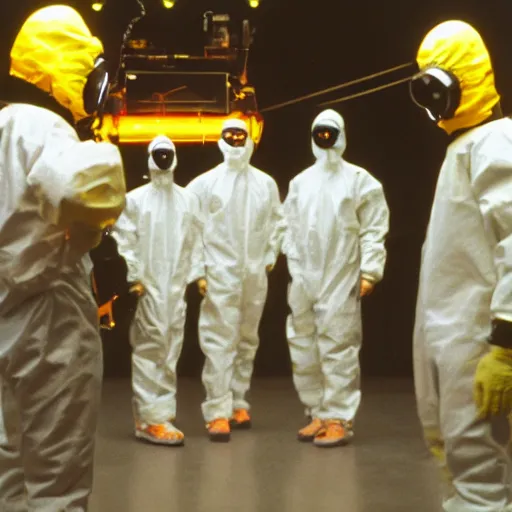 Image similar to a photo of men wearing hazmat suits, standing around a glowing machine, arriflex 3 5, film still