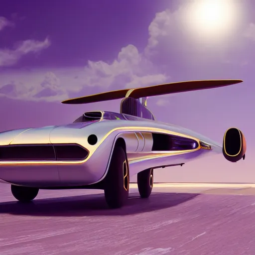 Image similar to retrofuturistic jet car, 3 d render, octane, ray tracing, ultra high resolution, ultra detailed, photorealistic, 8 k