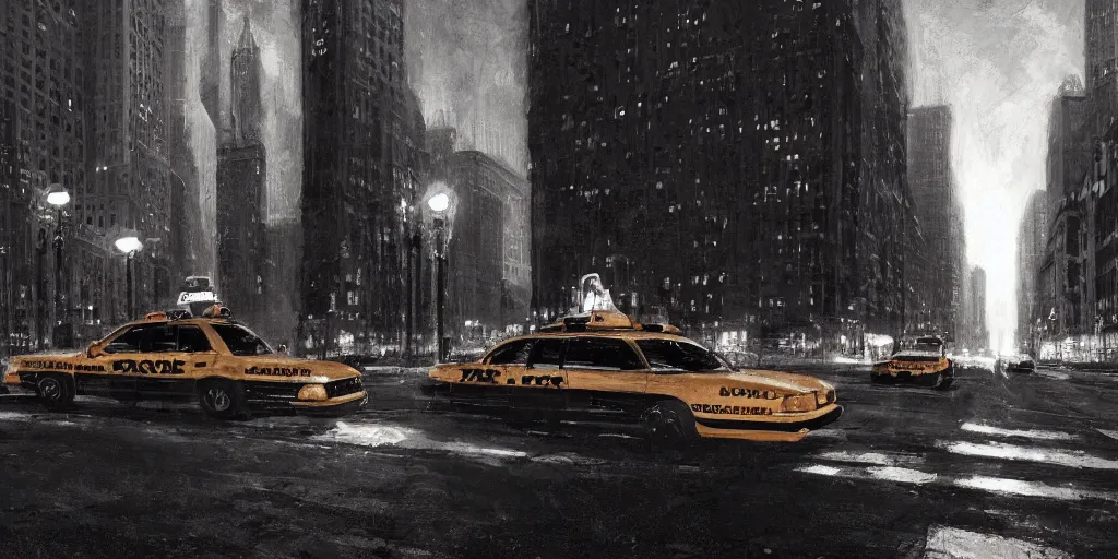 Image similar to taxi through the streets of chicago, night time, dramatic lighting, german expresionism, noir film, character sheet, fine details, concept design, high contrast, anthrophomorfic animals, kim jung gi, greg rutkowski, trending on artstation, 8 k, full body, turnaround, front view, back view, ultra wide angle