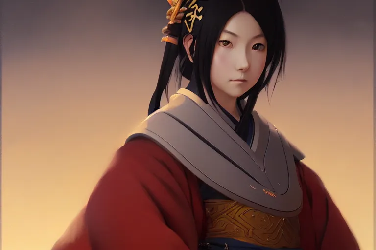 Image similar to baroque oil painting of anime key visual concept art of a samurai girl, very anime, stars vackground, trending on artstation, oil on canvas, style of makoto shinkai greg rutkowski studio ghibli