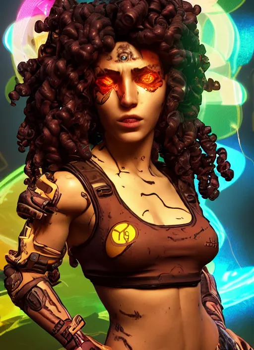 Image similar to glowwave portrait of curly hair muscular girl from borderlands 3, au naturel, hyper detailed, digital art, trending in artstation, cinematic lighting, studio quality, smooth render, unreal engine 5 rendered, octane rendered, art style by klimt and nixeu and ian sprigger and wlop and krenz cushart.
