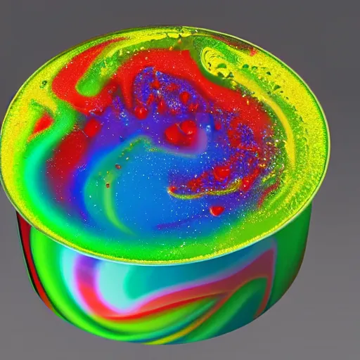 Image similar to streams of multicolored, simulated fluid collide to form a can of soda. 3 d digital motion graphics.