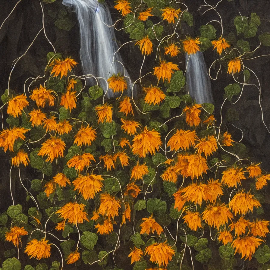 Prompt: artwork about a waterfall full of withered sunflowers and dry nasturtiums with vines, dark tones, moody, night, moonlight