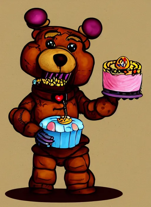 Prompt: Freddy Fazbear eating cakes, detailed digital art, trending on Artstation