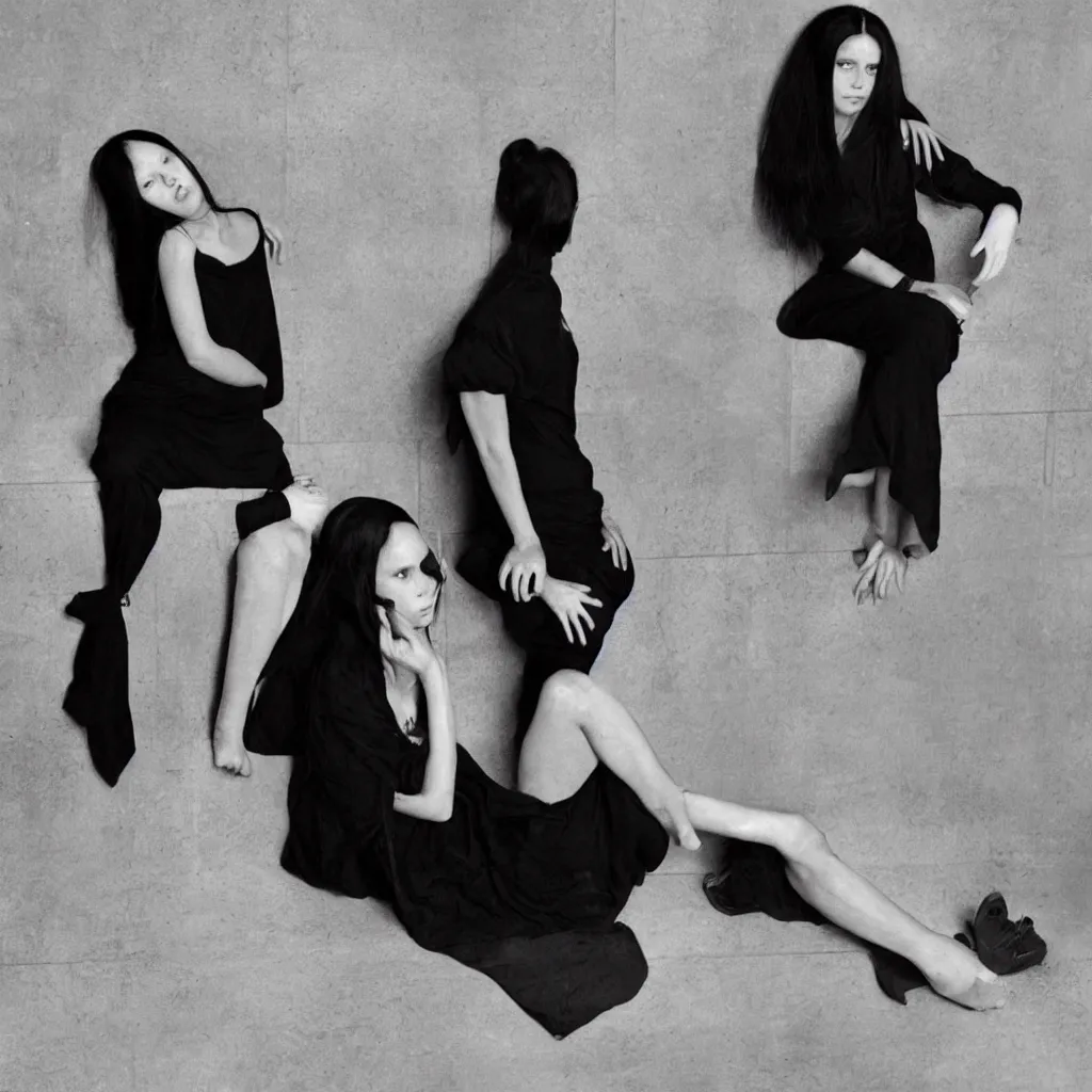 Image similar to a young girl with straight long black hair wearing black dress and sitting on bathroom floor, art by artgem with help of mario testino and vanessa beecroft