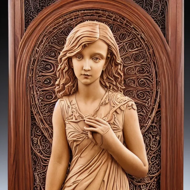 Image similar to a 3 d bas - relief wooden mahogany art nouveau carved sculpture of a young millie bobby brown or alicia vikander with long hair blowing in the wind, in front of a delicate tracery pattern, intricate and highly detailed, well - lit, ornate, realistic, polished with visible wood grain