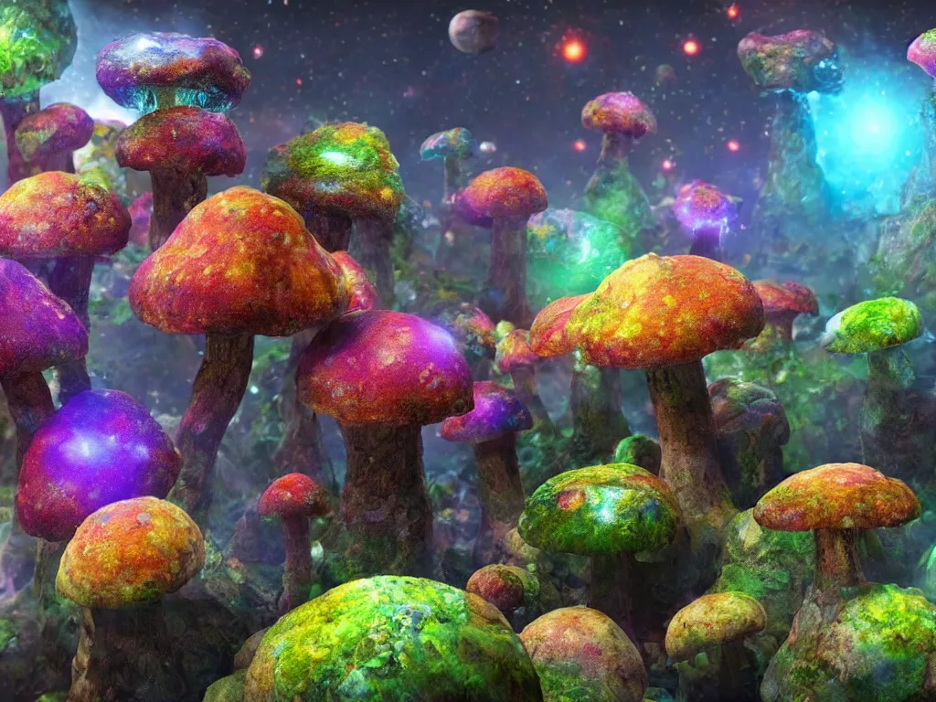 Image similar to vivid colored mushrooms overgrown on an asteroid in deep space, cryengine, deep color, hyperrealistic, ultradetailed, atmospheric crystal dust
