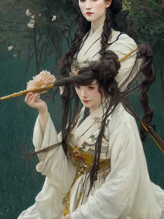 Prompt: portrait of a beautiful seductive european girl wearing hanfu, farm background, fantasy, d & d, dark eyeliner, intricate, elegant, highly detailed, digital painting, artstation, concept art, matte, sharp focus, illustration, art by greg rutkowski and alphonse mucha