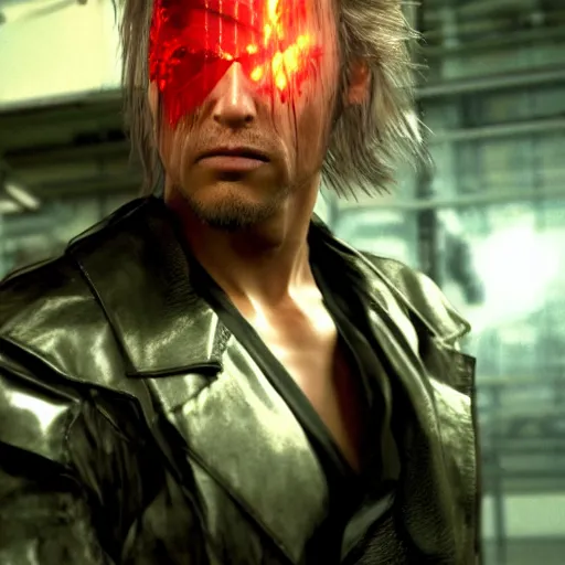 Prompt: Metal Gear Revengeance Raiden as The American Psycho, cinematic still, sweating hard