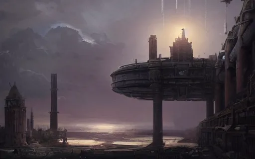 Image similar to longshot photograph of advanced civilization city ruins floating in a disc in the sky by Hubert Robert, Lee Madwick and Bastien Lecouffe-Deharme 8k artstation cinematic dramatic lighting