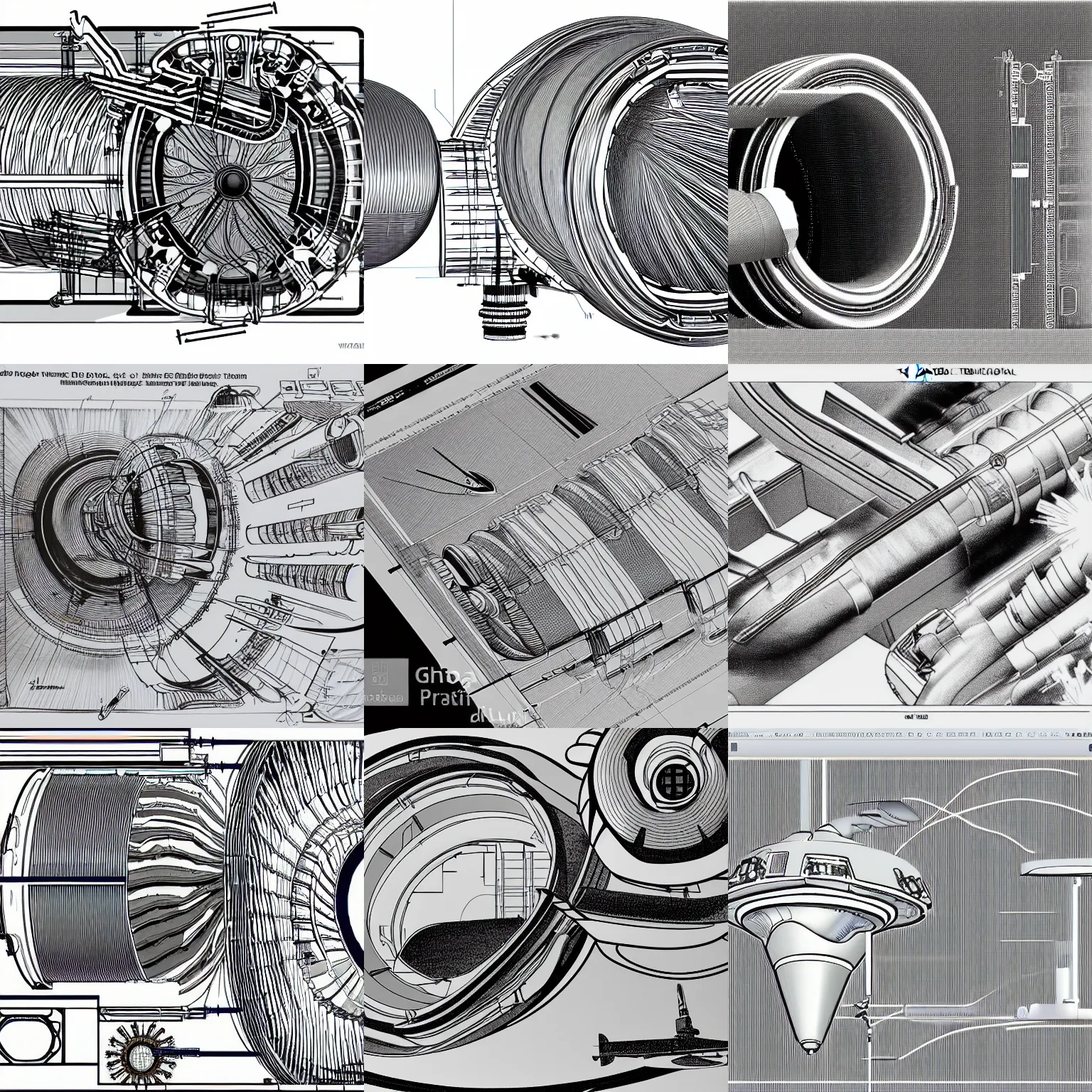 Prompt: technical high - detail drawing of a jet turbo being taken apart, explosion view cad drawing, in the style of a japanese engineering artist, clean hyperdetailed