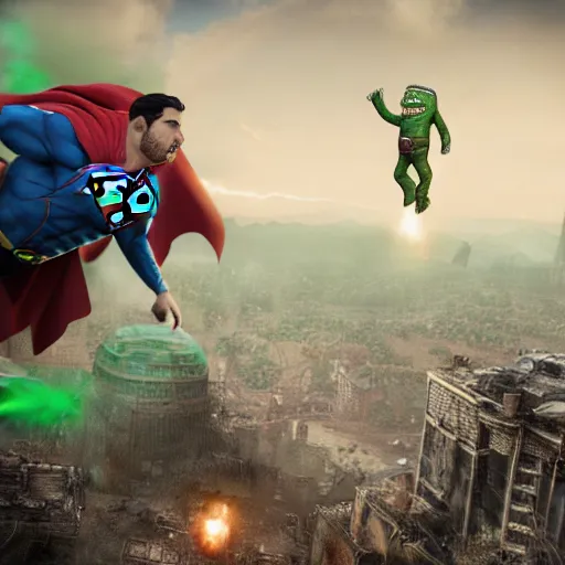 Image similar to pickle rick is flying as superman flying in ( gears of war ), splash art, movie still, detailed face, photorealistic facial features, cinematic lighting, dramatic, octane render, long lens, shallow depth of field, bokeh, anamorphic lens flare, 8 k, hyper detailed, 3 5 mm film grain