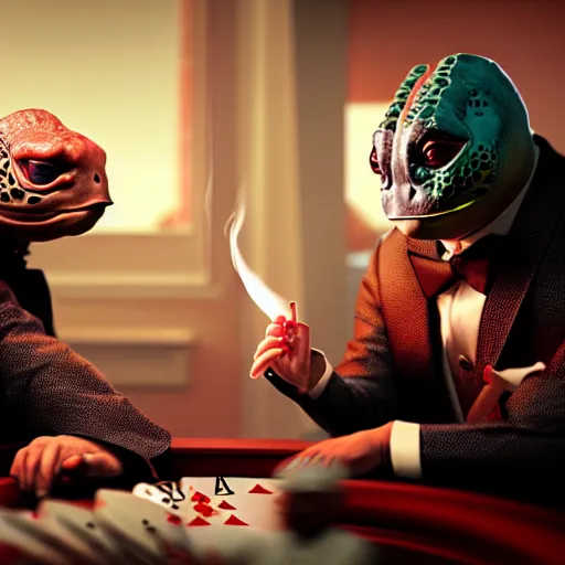 Image similar to hyperrealism simulation highly detailed human turtles'wearing detailed tuxedos and smoking, playing poker in surreal scene from cyberpunk movie from future by wes anderson and denis villeneuve and mike winkelmann rendered in blender and octane render