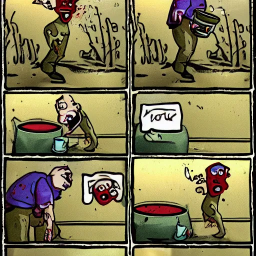 Image similar to a zombie puts out a bowl of soup as a trap for adventurers looking to loot his fake corpse, but they walk right past it and into a pitfall while he laughs at them from behind the bushes