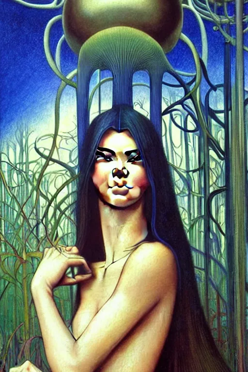 Image similar to realistic detailed face portrait painting of a beautiful kendall jenner with blond hair with sci-fi headwear, futuristic sci-fi forest on background by Jean Delville, Amano, Yves Tanguy, Alphonse Mucha, Edward Robert Hughes, Roger Dean, moebius, hilma af klint, rich moody colours, blue eyes