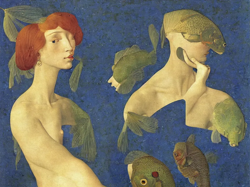 Image similar to portrait of a woman head with exotic flowerhorn cichlid fish. lapis lazuli. painting by piero della francesca, balthus, agnes pelton