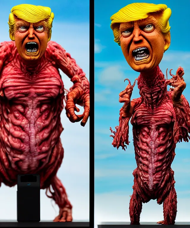 Image similar to hyperrealistic rendering, epic boss battle, cronenberg flesh monster donald trump, by art of skinner and richard corben, product photography, collectible action figure, sofubi, hottoys, storm clouds, outside, lightning