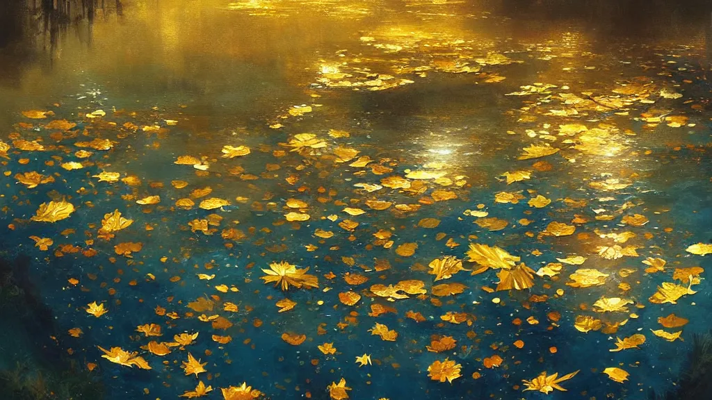 Prompt: a beautiful painting, super wide, underwater, gold leaves, gold leaves, starry night, summer, clearing, film, john howe, krenz cushart, artstation