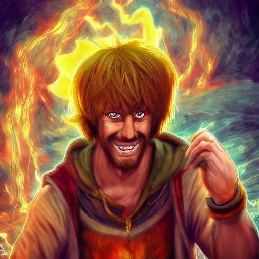 Image similar to shaggy from scooby doo reaching power level over 9000, au naturel, hyper detailed, digital art, trending in artstation, cinematic lighting, studio quality, smooth render, unreal engine 5 rendered, octane rendered, art style by klimt and nixeu and ian sprigger and wlop and krenz cushart