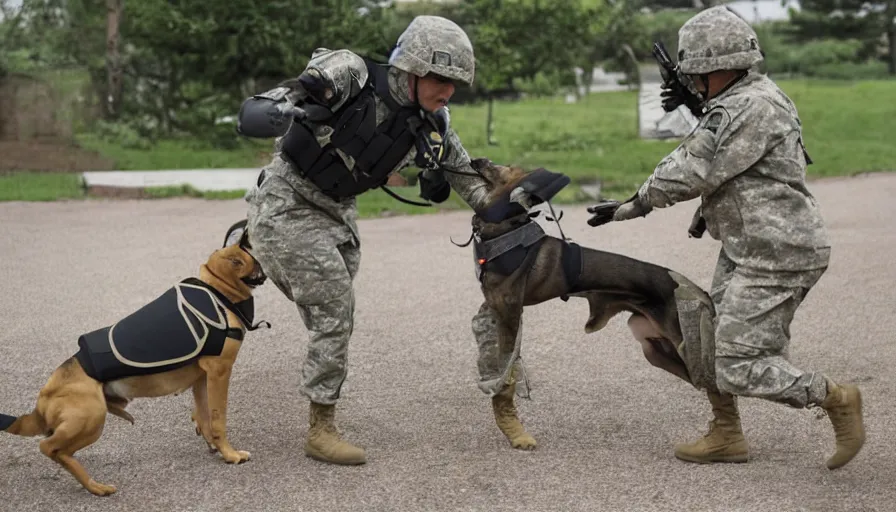 Image similar to a soldier sends a dog to attack a cyborg