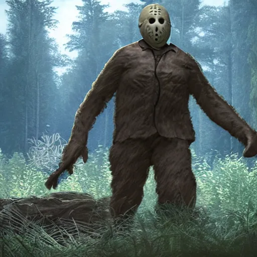 Prompt: jason voorhees fighting bigfoot in the forest, landscape, unreal engine art, hyper realistic