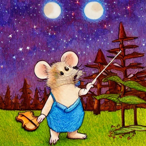 Prompt: mouse playing violin, fantasy forrest background, moonlight, coloured pencil, detailed, medium shoot