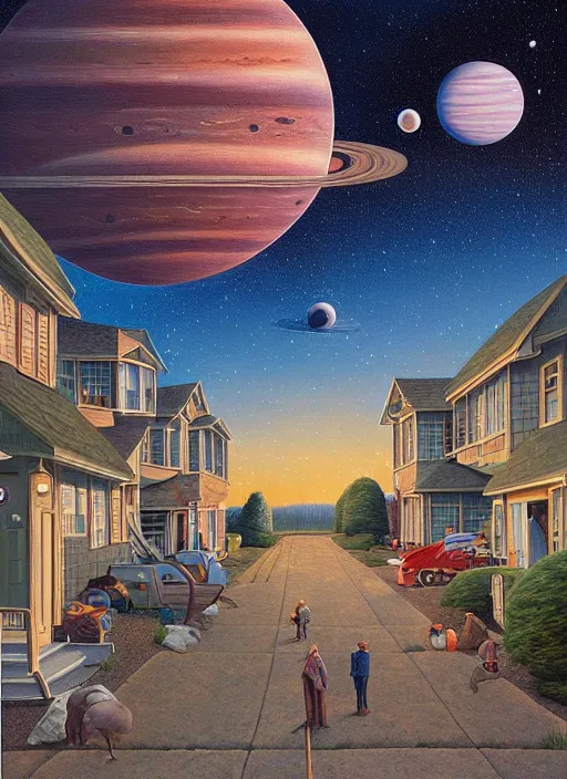 Prompt: a cozy pnw neighborhood. planets in the sky, vintage shapes, retro technology, happy colors. rob gonsalves, oil on canvas, deep depth field, masterpiece, cinematic composition, hyperdetailed