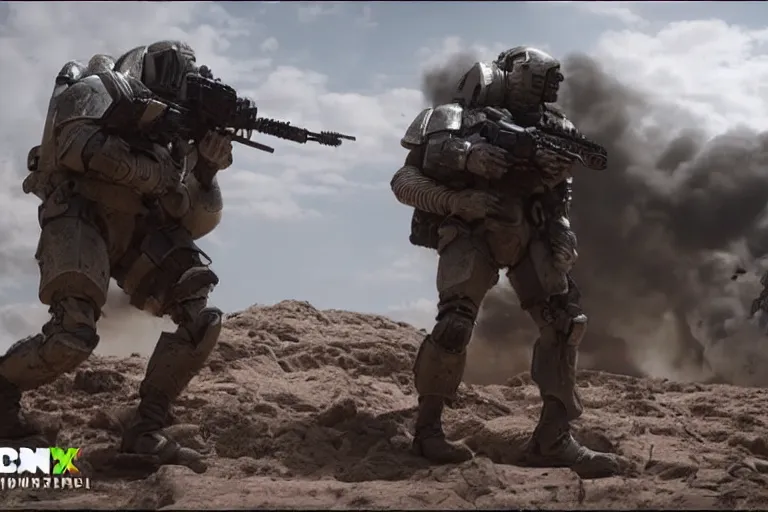 Image similar to VFX movie of a futuristic spacemarine in war zone, shooting gun natural lighting by Emmanuel Lubezki