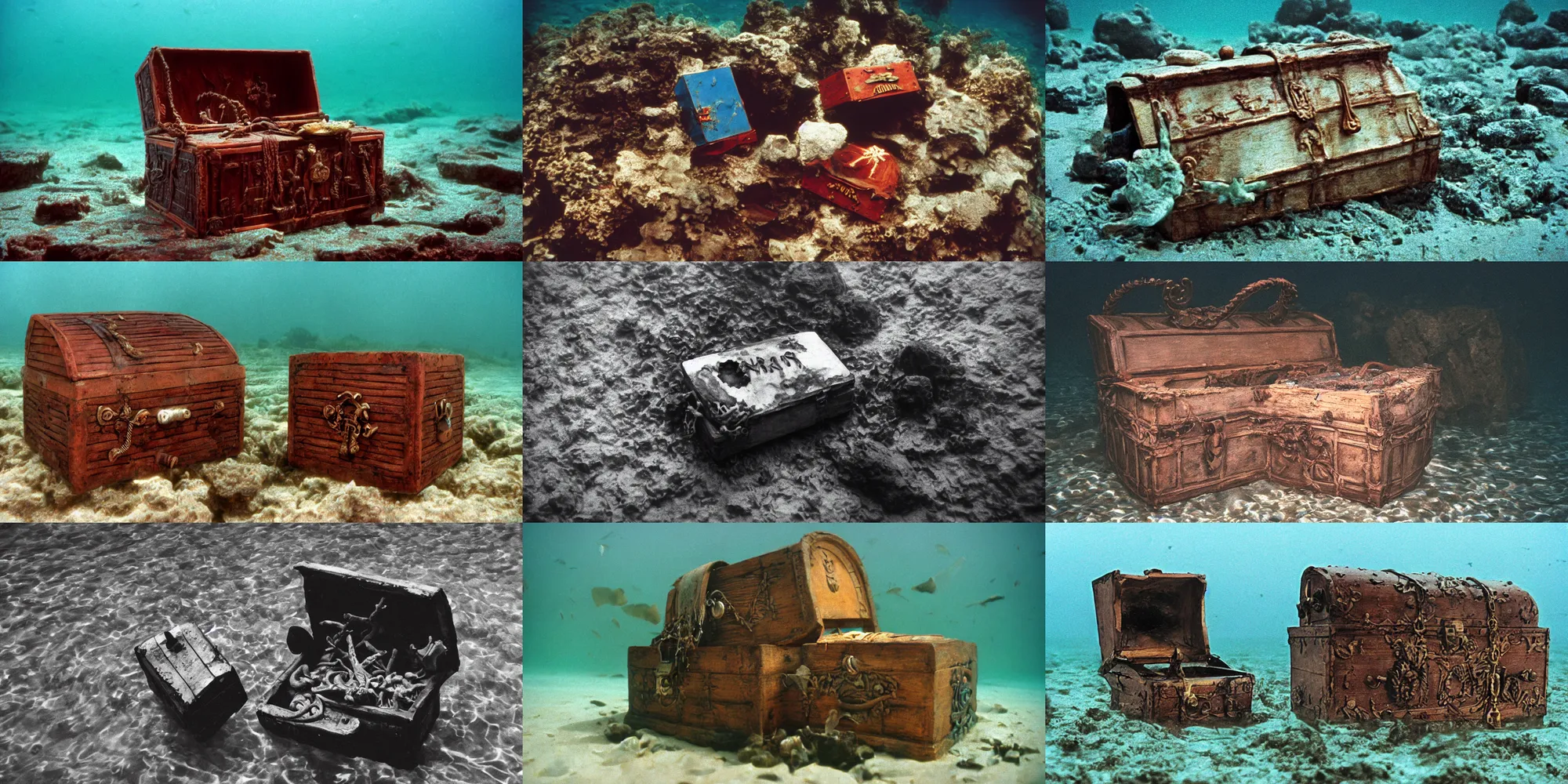 Prompt: strange pirate treasure chest under water holds an ancient curse evil surrounding it, cinestill 8 0 0 t, 1 9 8 0 s movie still, film grain