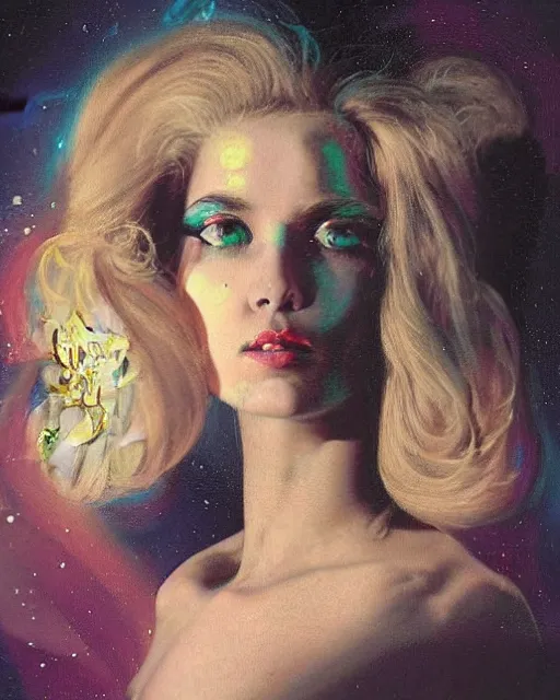 Prompt: a beautiful and eerie baroque painting of a gorgeous young woman in dead space, with wild blonde hair and haunted eyes, 1 9 7 0 s, space station, neon light showing injuries, delicate ex embellishments, painterly, offset printing technique, by brom, robert henri, walter popp