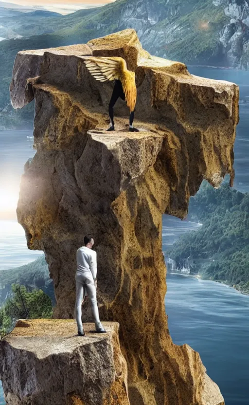 Prompt: a man standing on a cliff ready to jump with his home made wings, highly realistic