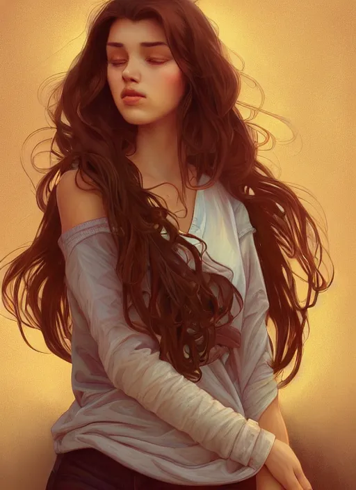 Image similar to handsome young women with shoulder length brown hair, half body shot, path traced, highly detailed, high quality, digital painting, alena aenami, lilia alvarado, shinji aramaki, karol bak, alphonse mucha, tom bagshaw