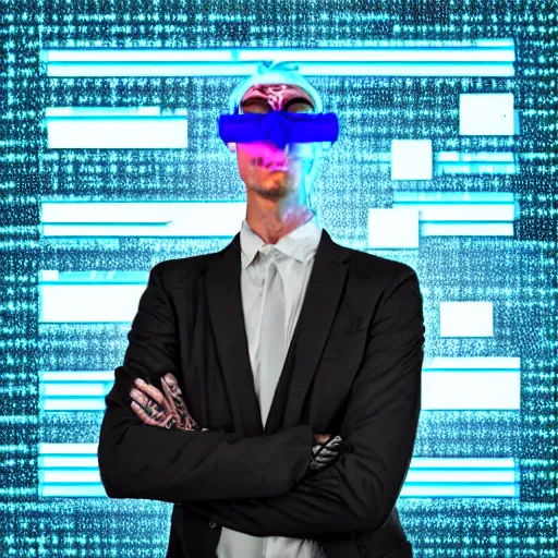 Prompt: neon white blue cyberpunk corporate office, cyberpunk CEO with scrambled face