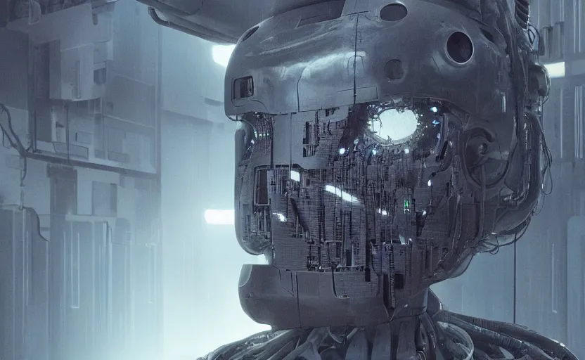 Image similar to extremely detailed cinematic movie still 3 0 7 7 foggy portrait shot of a robot in an endless data centre by denis villeneuve, wayne barlowe, simon birch, marc simonetti, philippe druillet, beeple, bright volumetric sunlight from small windows, rich moody colors, closeup