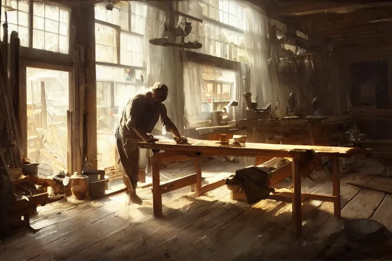 Image similar to simple craftsman fine woodworker building a wooden table in their well lit clean open workshop, art by anders zorn, wonderful masterpiece by greg rutkowski, beautiful cinematic light, american romanticism thomas lawrence, greg rutkowski