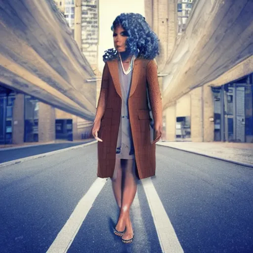 Prompt: a fashion model, creative, brown skin, digital art, photo manipulation, colossal, artstation, standing, giant, road, street, floor, ground