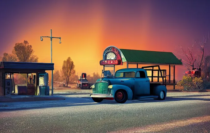 Image similar to a sunset light landscape with historical route 6 6, lots of sparkling details and sun ray ’ s, blinding backlight, smoke, volumetric lighting, colorful, octane, 3 5 mm, abandoned gas station, old rusty pickup - truck, beautiful epic colored reflections, very colorful heavenly, softlight