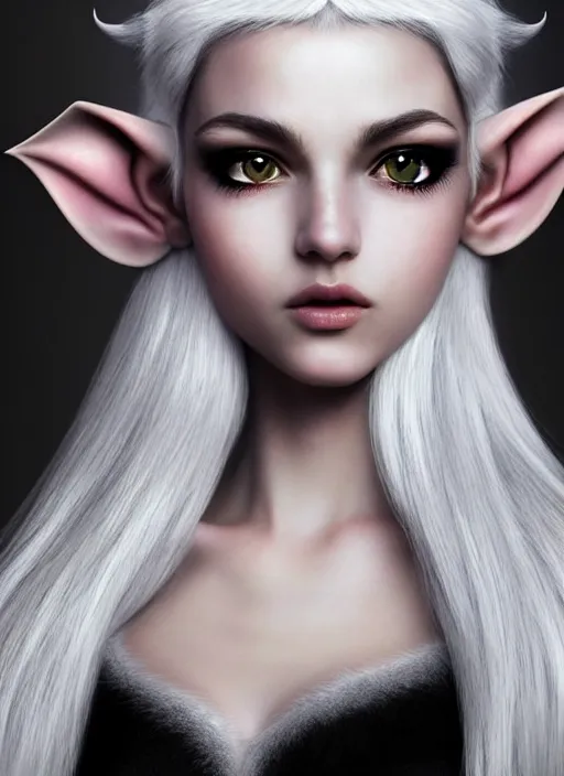 Prompt: a beautiful portrait, white background, gorgeous fantasy elf. black top, professionally retouched, soft lighting, realistic, smooth face, big deep black eyes, black iris, black pupil, long white hair, cute ears, wide angle, sharp focus on the eyes, 8 k high definition, insanely detailed, intricate, elegant, beautiful, art by artgerm and wlop