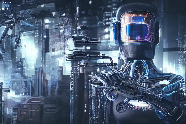 Prompt: cyberpunk robot with intricate machinery, made of diamond, headshot photography, 4K 3D render, desktopography, HD Wallpaper, digital art