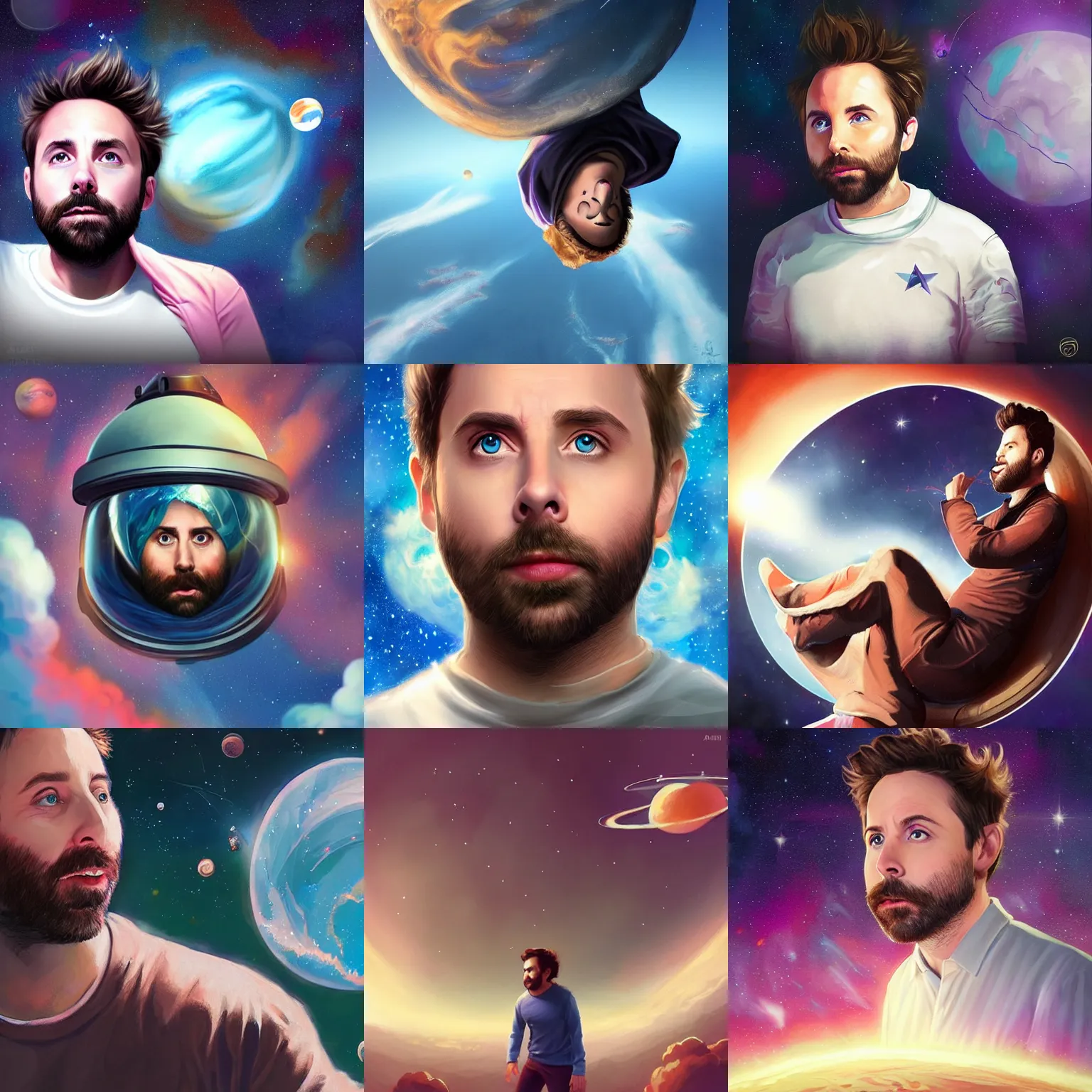 Prompt: a beautiful cosmic matte painting of charlie day huffing from a plastic bag in outer space by artgerm, trending on artstation