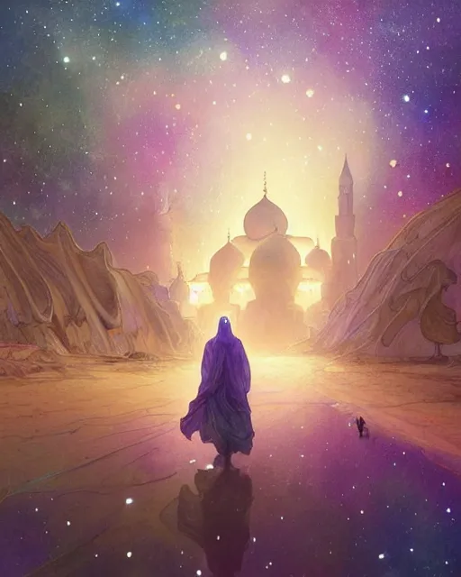 Image similar to bedouin in galaxy walking towards mosque surrounded by nebula, highly detailed, gold filigree, romantic storybook fantasy, soft cinematic lighting, award, disney concept art watercolor illustration by mandy jurgens and alphonse mucha and alena aenami, pastel color palette, featured on artstation