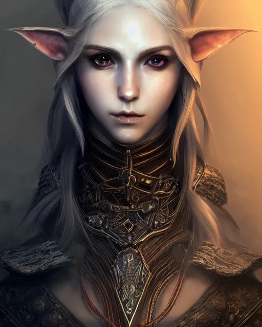 Image similar to portrait of a beautiful female elf with shimmering hair, symmetrical face and eyes, cgsociety, Elden Ring, Dark Souls, Bloodborne