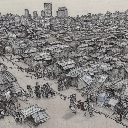 Image similar to slums in south africa, drawing by moebius