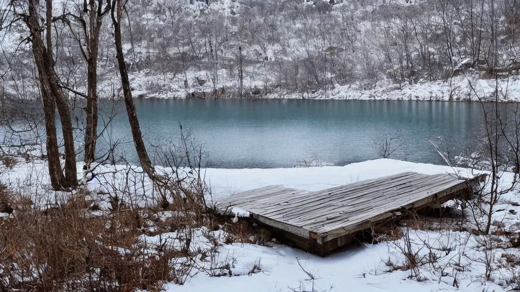 Prompt: a diving board over a lake in the middle of a serbian forest in winter rtx!!! on!!