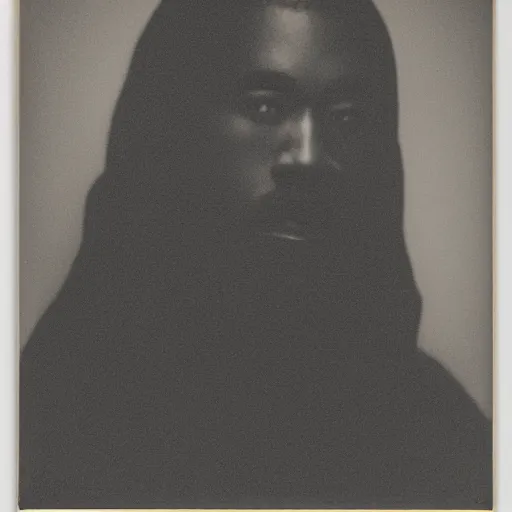 Image similar to a chiaroscuro lighting portrait of kanye west dressed as rick owens, black background, portrait by julia margaret cameron, shallow depth of field, 8 0 mm, f 1. 8