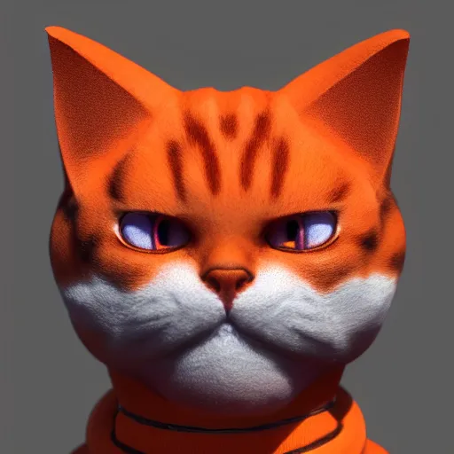 Image similar to 3 d rendered hyper realistic hyper detailed calico cat droid wearing an orange cat - shaped darth vader helmet, octane render, blender, 8 k